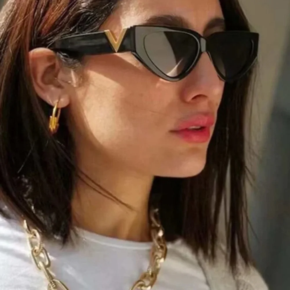 Black Cat Eye Sunglasses Gold V Detail UV Protection Trendy Chic Sunnies
